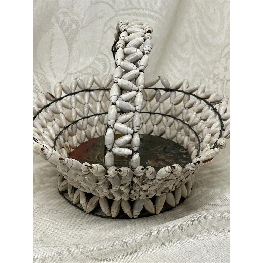 Vintage Antique Snail Shell Basket Souvenir Tijuana Mexico  Hand‎ Painted Metal